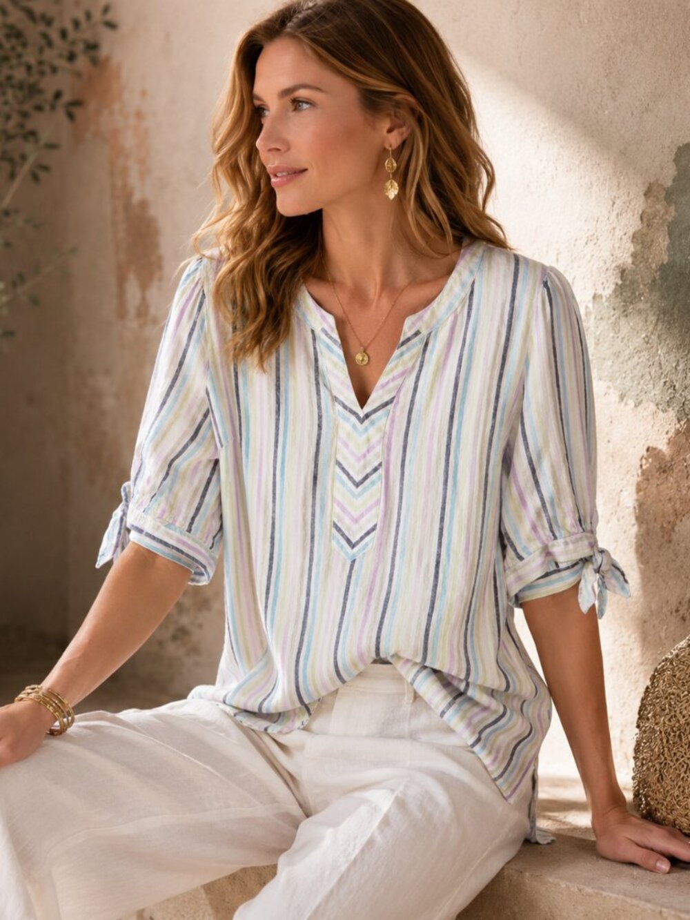 Kim Rogers Linen Blend Top XL Pastel Stripe Tie Sleeve Popover Blouse Coastal